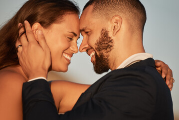 Canvas Print - Love, summer and couple bonding on a beach holiday, embracing in intimate moment at sunset. Happy, face and man and woman relax and hug, talking and enjoying freedom and romance on a trip together