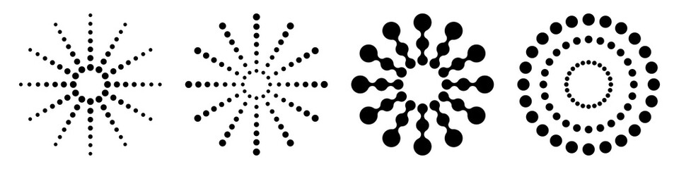 Wall Mural - set of four geometric symmetric round shapes, dotted circles, radial shapes. icons set. abstract sig