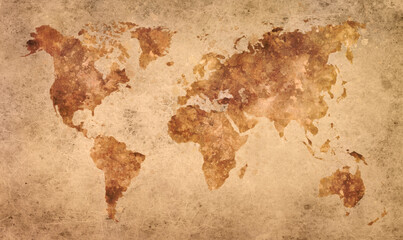  Vintage World map in brown watercolor painting abstract splatters on an old paper.