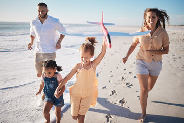 Sticker - Energy, family and beach run by happy kids and parents having fun with airplane and active race along ocean. Love, freedom and happy family with children playing and bonding, excited with mom and dad