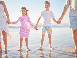 Wall Mural - Happy family love, beach and hands of children together with parents while having outdoor fun and enjoy quality time. Young kids, youth or siblings connect, bond and relax on water, sea or ocean sand