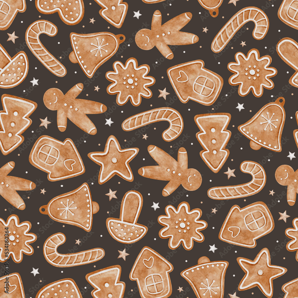 Christmas seamless pattern with gingerbread cookies. Christmas house ...