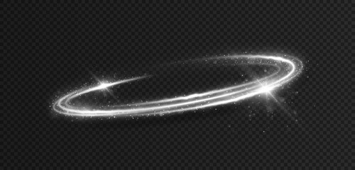 Luminous twirl circles with light effect. Magic light trail with sparkles particles. Space wavy lines twinkle on transparent background.