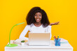 © deagreez - Photo o attractive wavy hairdo person say tell communicate wireless netbook desk isolated on yellow color background