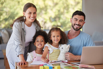 Poster - Family, children and education with kids learning at home with their mother and father for growth and development. Study, learn and school with a girl, her sister and parents in their house together
