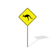 Kangaroo crossing road sign on post pole vector graphics
