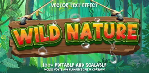 Wall Mural - Editable text style effect, Green Nature text style theme. Graphic Design Element. Wildlife nature style letters font on  colourful rainforest background
