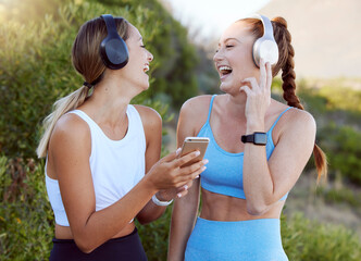 Canvas Print - Fitness music, happy nature and friends listening to radio with phone while training in summer, smile for podcast during workout and motivation for gym. Women with funny audio during outdoor exercise