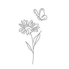 Wall Mural - Vector isolated one camomile and flying butterfly colorless black and white contour one single line easy drawing