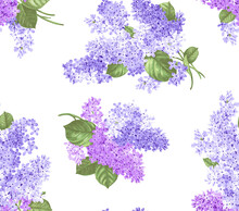 Seamless Floral Pattern Of Delicate Twigs Of Blue Lilac With Leaves On A Transparent Background. Beautiful Flower Pattern Suitable For Fabric, Wallpaper Wrapping Paper. Isolated Branches Of Lilacs