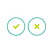 © Ne Mariya - Set of check mark icons. squared green tick and cross in blue circle. Flat cartoon style buttons. Vector validation illustration.