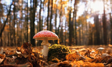 Autumn Season. Amanita Muscaria Mushroom In Autumn Forest, Natural Bright Sunny Background. Harvest Fungi Concept. Fly Agaric, Wild Poisonous Red Mushroom In Yellow-orange Fallen Leaves. 