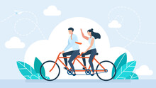 Happy Young Man And Woman Characters Couple Riding Tandem Bicycle. Couple Riding Twin Bike Laughing Happily. The Concept Of Cooperation In Family. Husband And Wife Achieve Goals. Illustration