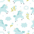 Cloud sky pattern with unicorns and flowers. Girly vector seamless print for textile and nursery.