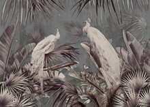 Wallpaper Tropical Trees Palm And Birds Peacocks Vintage Grey Background 