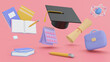 Concept education. Graduate cap surrounded by graduation leaves, school bags, notebooks, stationery and atoms on pink background. Education idea for illustration. 3d render