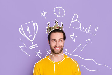 Wall Mural - Creative trend collage of handsome young man smiling wear golden crown king prince dream number one winner champion prize goblet superstar