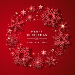 christmas background with shining red snowflakes and snow. merry christmas card illustration. sparkl
