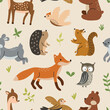 Seamless pattern of cute woodland animals and birds with natural elements. Vector illustration for nursery and textile decoration