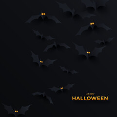 Wall Mural - Black bats with glowing eyes on a black background. Halloween banner template. Flying flock of paper cut bats, Monochrome background