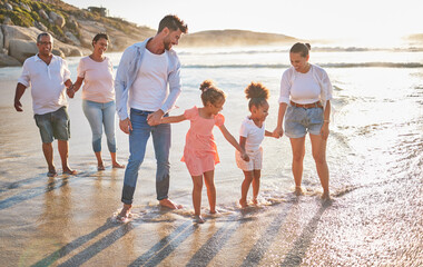 Canvas Print - Walking family, beach travel and parents on holiday in nature of Dubai with children and grandparents during summer. Girl kids on walk by the sea with mother, father and senior people with love