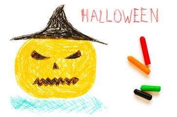 A big scary pumpkin in a hat. Children's drawing. The concept of celebrating Halloween.