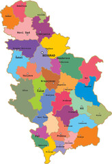  Vector colored administrative map of Serbia. The territory of a European state with large cities, borders of regions.