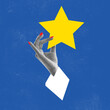 Leinwandbild Motiv Contemporary art collage. Female hand holding big yellow star over blue background. Good luck symbol