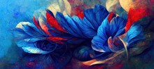 Abstract Flower Fantasy Of Petal Swirls, Vibrant Bright Summer Colors Of Crimson Red, Pink And Sapphire Blue. Gorgeous Decoration & Blooming Beautiful Design Background.