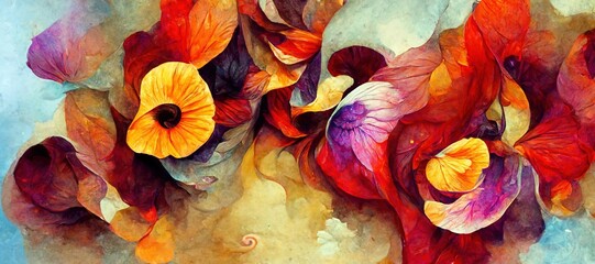 Wall Mural - Abstract flower fantasy of petal swirls, vibrant bright autumn colors of burnt orange, red, touch of emerald green and sunflower yellow. Gorgeous decoration & blooming beautiful design background.