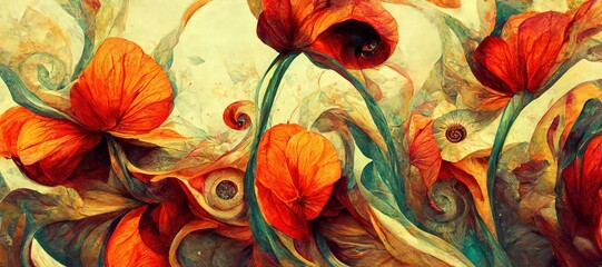 Abstract flower fantasy of petal swirls, vibrant bright autumn colors of burnt orange, red, touch of emerald green and sunflower yellow. Gorgeous decoration & blooming beautiful design background.