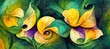 Abstract flower fantasy of petal swirls, vibrant bright spring colors of emerald and lime green, sunflower yellow. Gorgeous decoration & blooming beautiful design background.