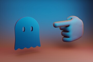 Poster - Beautiful illustrations abstract Hand index finger points to Halloween ghost symbol icon on a multicolor bright background. 3d rendering illustration. Background pattern for design. .