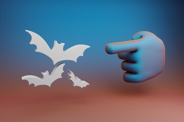 Poster - Beautiful illustrations abstract Hand index finger points to Halloween bats symbol icon on a multicolor bright background. 3d rendering illustration. Background pattern for design. .