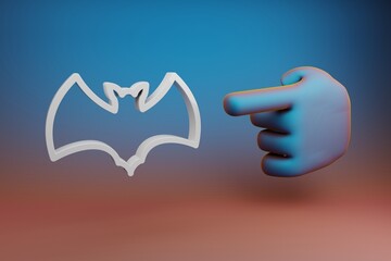 Poster - Beautiful illustrations abstract Hand index finger points to white bat symbol icon on a multicolor bright background. 3d rendering illustration. Background pattern for design.
