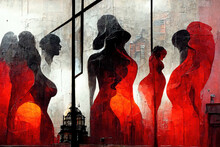 Abstract Artwork Featuring Silhouettes Of Faces And Bodies Of Women Escorts On The Red Light District. Amsterdam Red Light District Streets And Buildings In A Digital Artwork Illustration. 