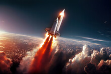 The Launch Of A Space Shuttle Into Space. Fire And Smoke Around The Rocket. Rocket Blast Off, Digital Illustration With Spacecraft That Takes Off To The Moon. Wallpaper Background Illustration.