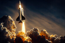 The Launch Of A Space Shuttle Into Space. Fire And Smoke Around The Rocket. Rocket Lift Off Digital Illustration With Spaceship That Takes Off To The Moon. Wallpaper Background Illustration.