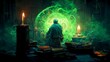 Alchemist working in his library, esoteric library with spell books, potion recipes, mystical art. Magic formula in old manuscript and grimoire, sorcerer library. Epic light, fantasy set-up, painting.