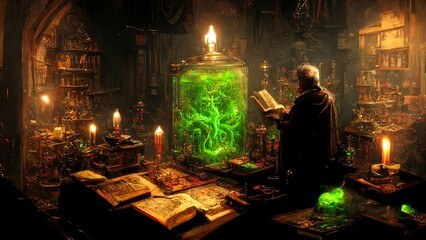 Alchemist working in his library, esoteric library with spell books, potion recipes, mystical art. Magic formula in old manuscript and grimoire, sorcerer library. Epic light, fantasy set-up, painting.