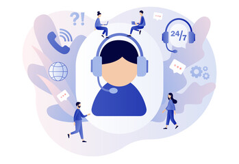 Poster - Customer service. Call center. Online support concept. Hotline operator in headset big sign consults client. Modern flat cartoon style. Vector illustration on white background
