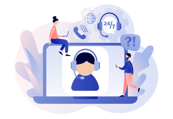 Poster - Customer service. Call center. Online support concept. Hotline operator in headset on laptop screen consults client. Modern flat cartoon style. Vector illustration on white background