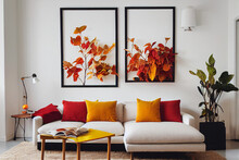 Contemporary Living Room In Fall Colors, Digital Art