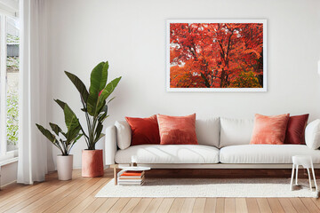 Contemporary living room in fall colors, digital art