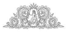 PNG Transparent Vintage Vignettes With Floral Swirls, Mermaid And Seashells, Antique Nautical Decorative Element As Black Outline Isolated
