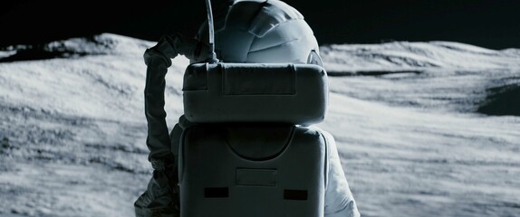 Wall Mural - portrait of asian lunar astronaut opens his visor while exploring moon surface