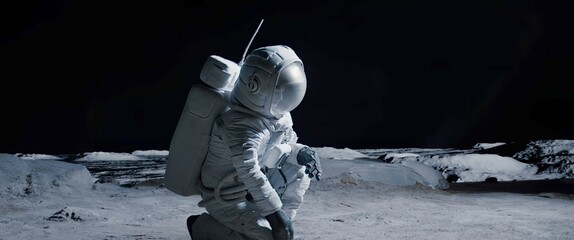 Wall Mural - full portrait of caucasian female lunar astronaut finds something and kneels while exploring moon su