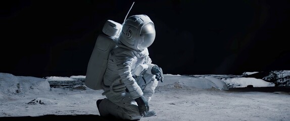 Wall Mural - full portrait of caucasian female lunar astronaut finds something and kneels while exploring moon su