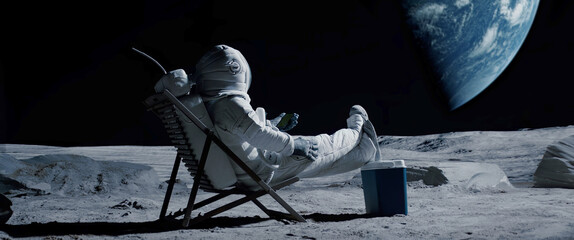 astronaut sits in a beach chair on a moon surface, holding phone in hands