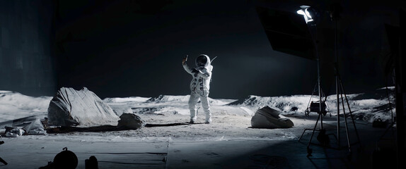 WIDE Male actor in astronaut suit making selfie on a Moon Lunar movie shooting set